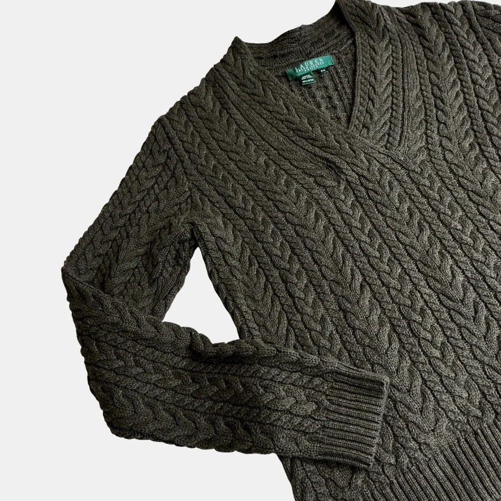 Lauren‎ Ralph Lauren Petite Olive Green Cable Knit Surplice V-Neck Sweater P/S